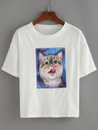Romwe Little Cat Print White T-shirt