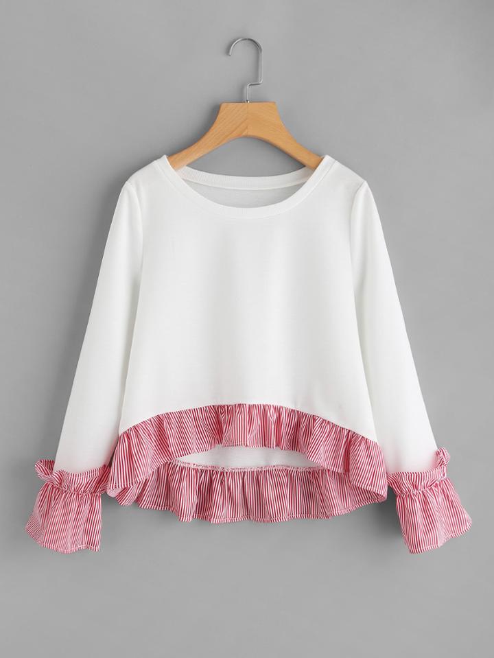 Romwe Striped Ruffle Trim Dip Hem T-shirt
