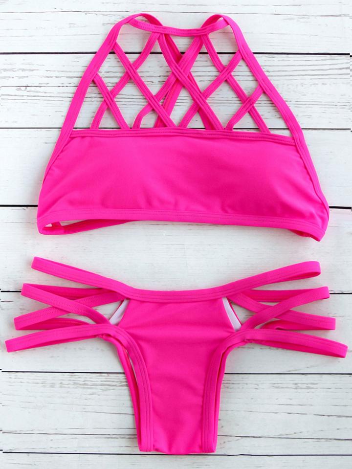 Romwe Hot Pink Cutout Cross Back Bikini Set