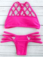 Romwe Hot Pink Cutout Cross Back Bikini Set