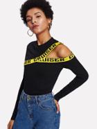 Romwe Printed Tape Detail Asymmetric Cutout Tee