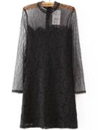 Romwe Stand Collar Lace Straight Black Dress