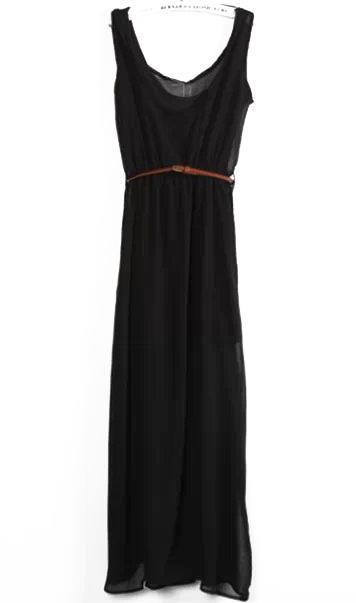 Romwe Scoop Neck Sleeveless With Belt Black Dress