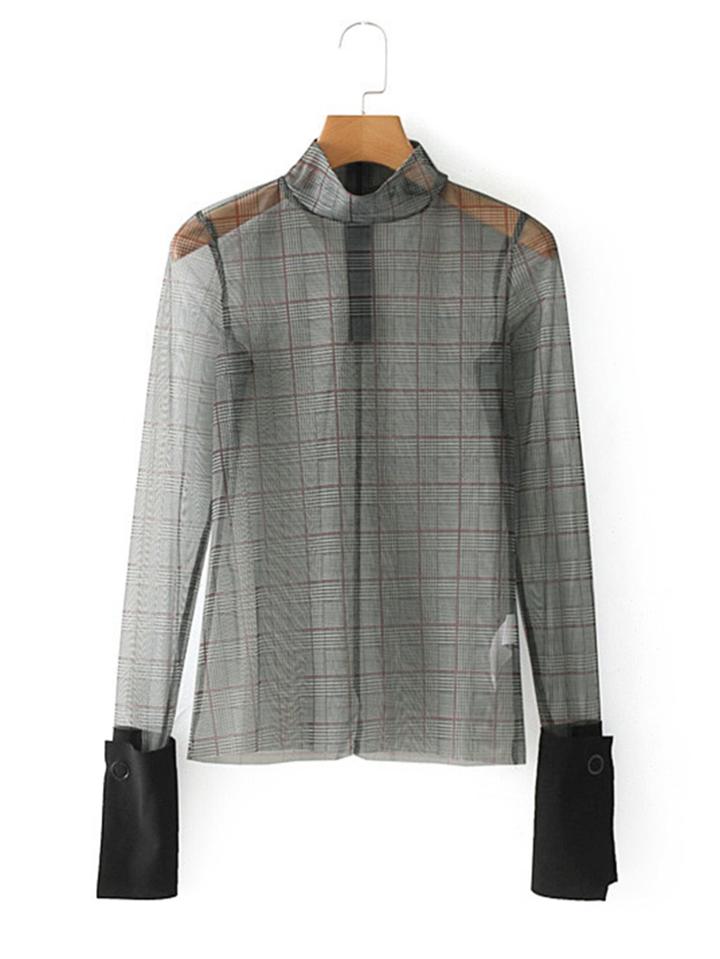 Romwe Contrast Cuff Plaid Mesh Blouse