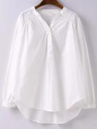 Romwe White V Neck High Low Blouse With Buttons