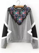 Romwe Color-block Print Pom Pom Sweatshirt