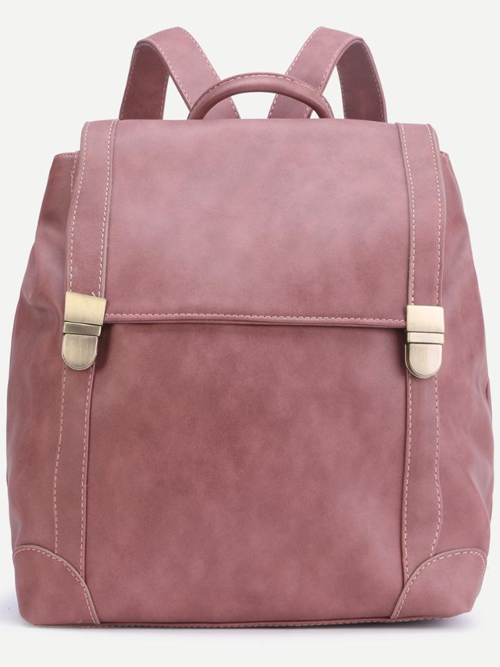 Romwe Pink Pu Double Buckle Flap Backpack