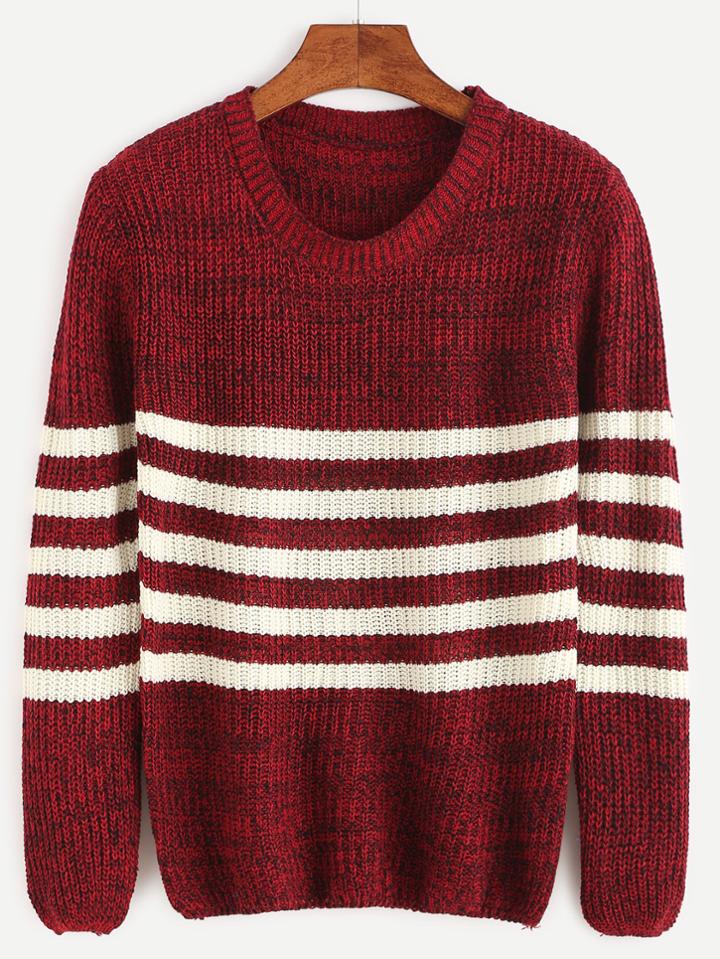 Romwe Burgundy Striped Casual Sweater