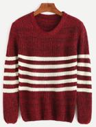 Romwe Burgundy Striped Casual Sweater