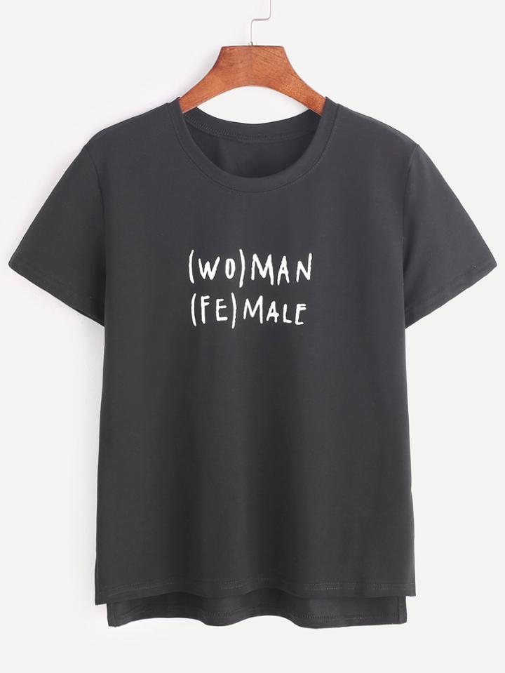 Romwe Black Letter Print Slit Side High Low T-shirt