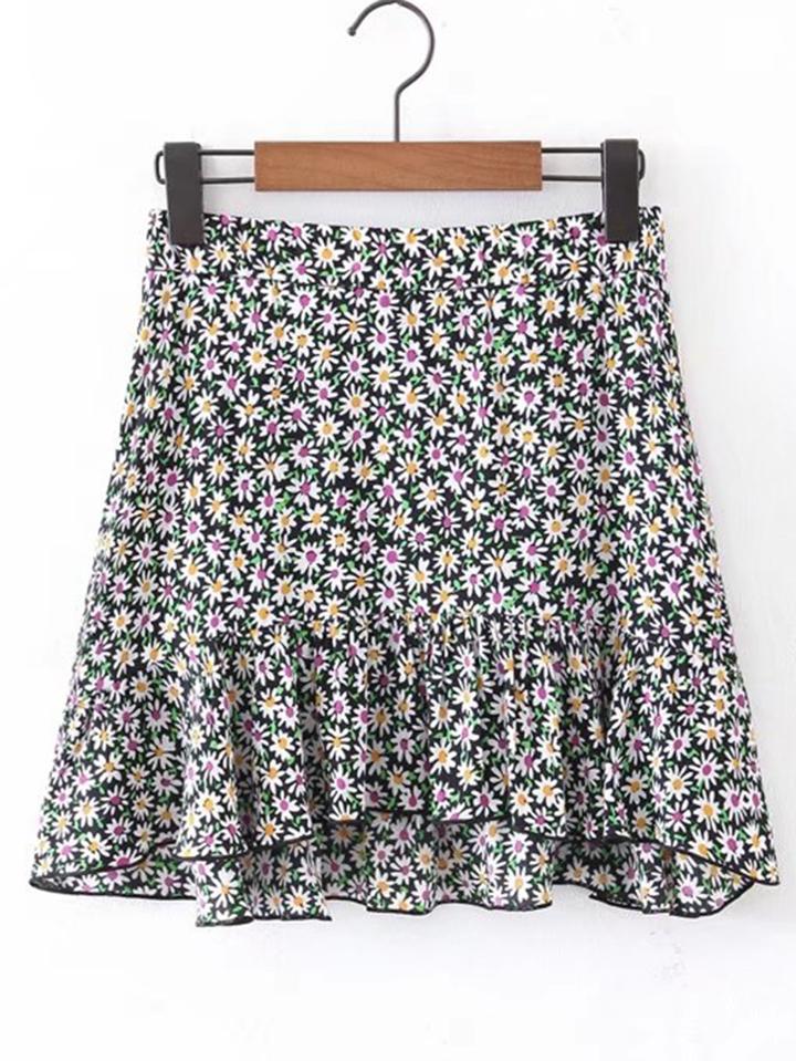 Romwe Ditsy Print Ruffle Hem Skirt
