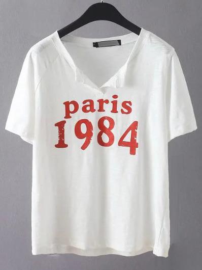 Romwe White Collarless Letter Casual T-shirt