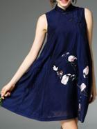 Romwe Navy Collar Embroidered Pockets Dress