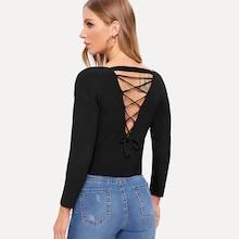 Romwe Lace Up V Cut Back Jumper