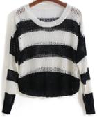 Romwe Hollow Striped Crop Black And White Sweater