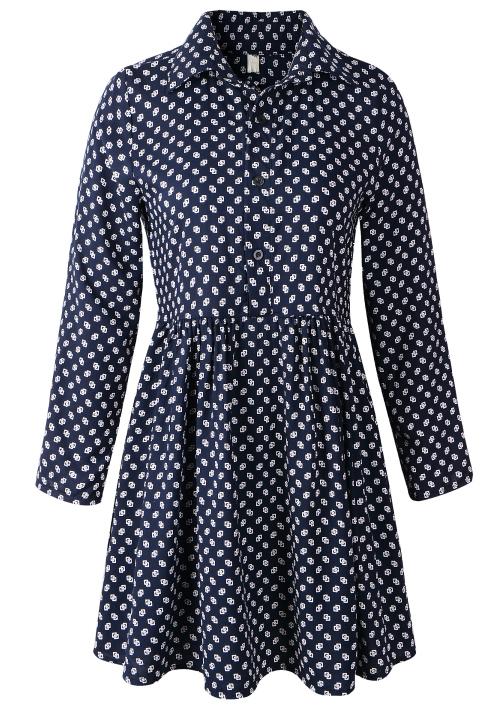 Romwe White Geometric Print Pleated Navy Dress