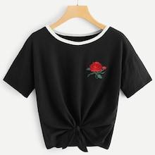 Romwe Appliques Knot Hem Tee