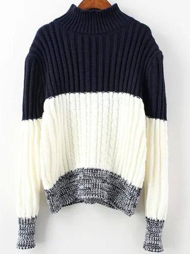 Romwe Polo Neck Color-block Sweater
