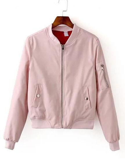 Romwe Pink Zipper Bomber Jacket With Arm Pocket