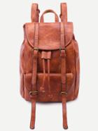 Romwe Brown Pu Double Buckle Flap Pocket Drawstring Backpack