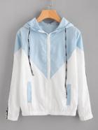 Romwe Hooded Drawstring Color Block Zip Up Jacket