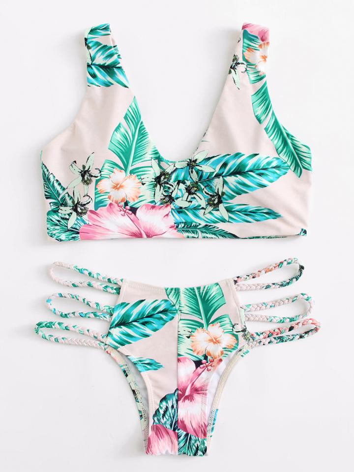 Romwe Braided Ladder Strap Detail Tropical Bikini Set