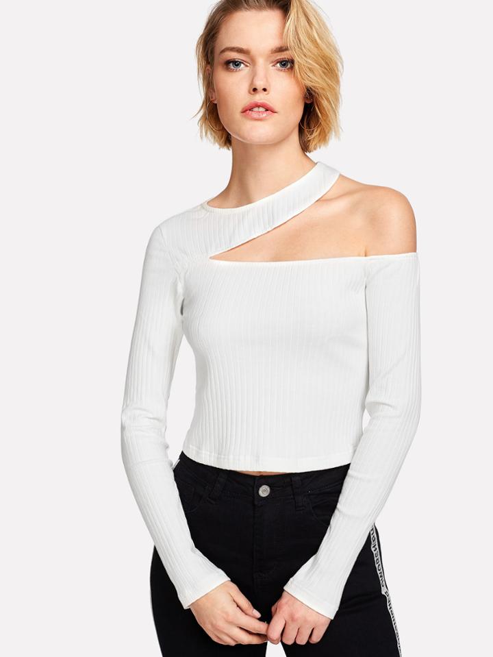 Romwe Asymmetric Cutout Rib Knit Tee