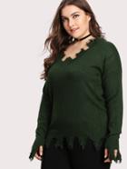 Romwe Frayed Trim Drop Shoulder Jumper