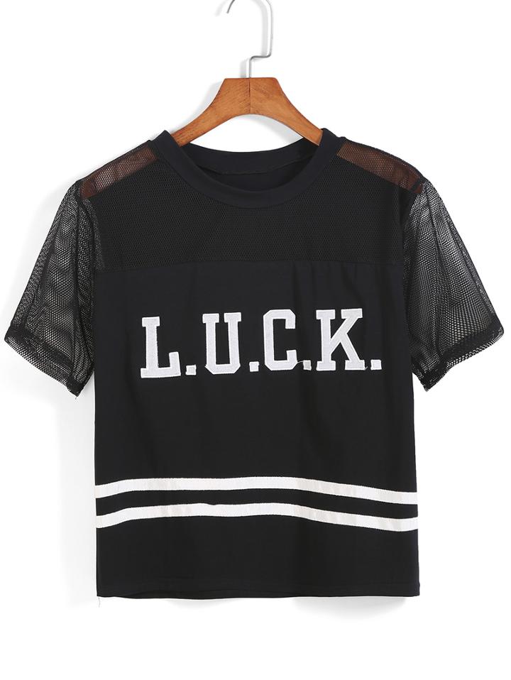 Romwe With Mesh Letter Print T-shirt