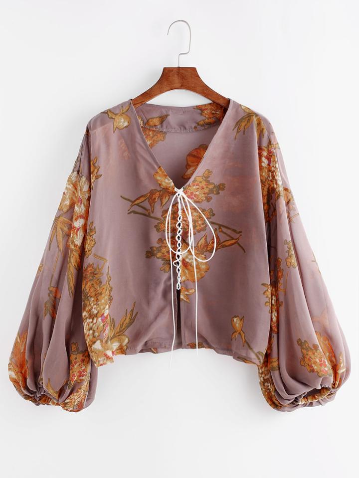 Romwe Floral Print Bishop Sleeve Lace Up Front Top