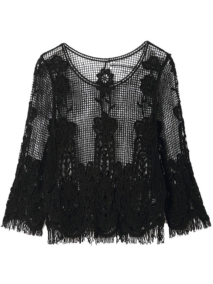 Romwe Black Lace Crochet Cropped Blouse