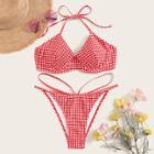Romwe Gingham Halter Top With Cut-out Bikini Set