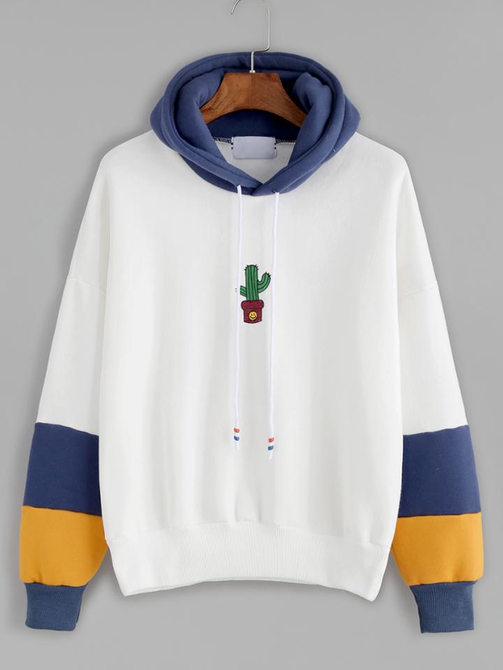 Romwe White Contrast Cactus Embroidery Drawstring Hooded Sweatshirt