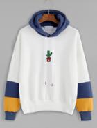 Romwe White Contrast Cactus Embroidery Drawstring Hooded Sweatshirt