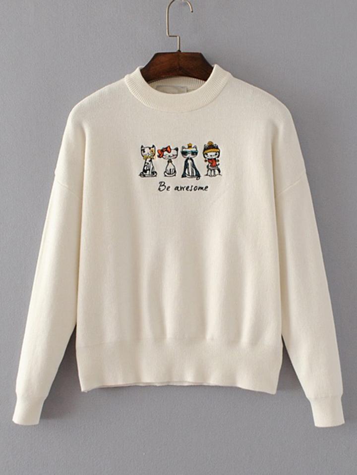 Romwe Cat Embroidery Crew Neck Knitwear