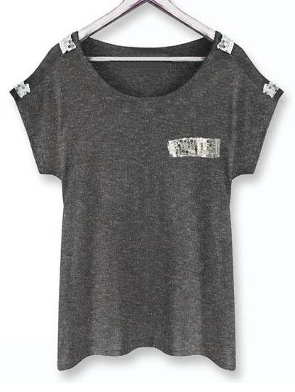 Romwe Grey T-shirt With Sequin Detail