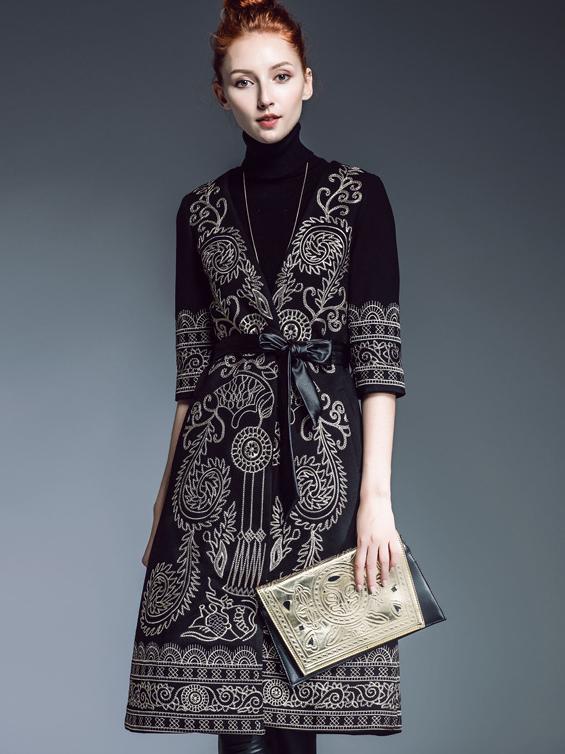 Romwe Black V Neck Half Sleeve Embroidered Tie-waist Pockets Coat