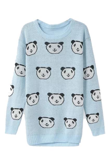 Romwe Panda Knitted Blue Jumper