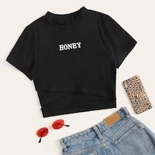 Romwe Cross Wrap Cutout Front Letter Crop Tee