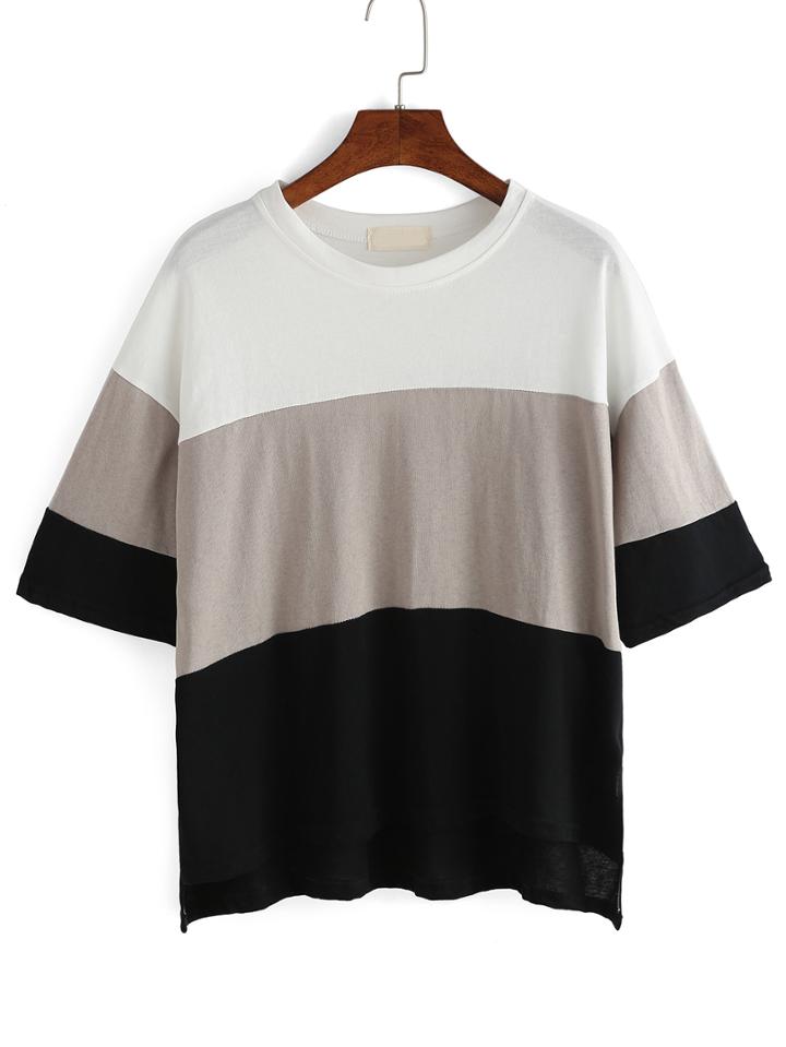 Romwe Color Block Dip Hem T-shirt