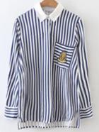 Romwe Blue Striped Contrast Collar Dip Hem Blouse With Patch