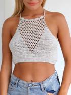 Romwe Hollow Out Racer Neck Crop Crochet Top