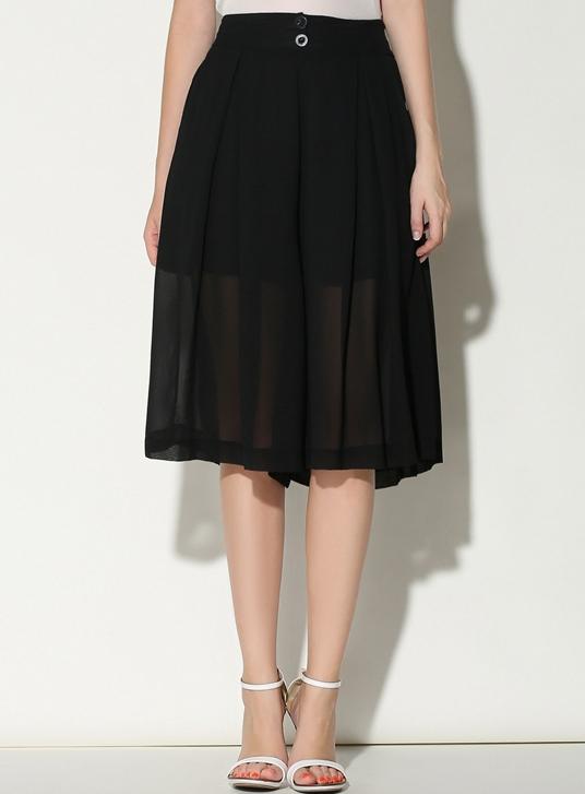 Romwe Black Buttons Wide Leg Chiffon Crop Pant