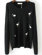 Romwe Dip Hem Swan Embroidered Black Sweater
