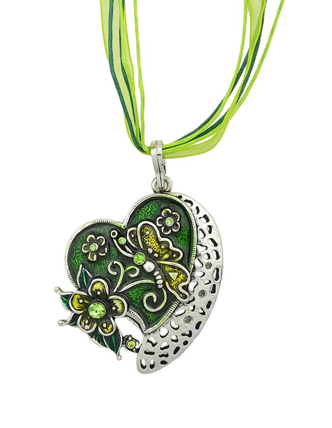 Romwe New Fashion Green Enamel And Rhinestone Cute Heart Pendant Necklace