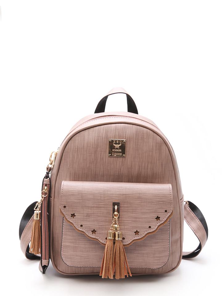 Romwe Double Tassel Pu Backpack With Wallet