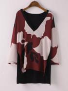 Romwe Red V Neck Floral Dipped Hem T-shirt