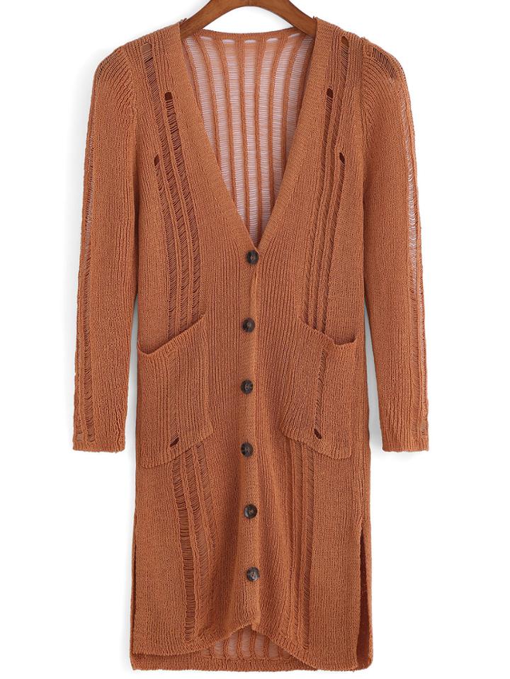 Romwe Open-knit Buttons Pockets Cardigan