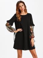 Romwe Contrast Embroidery Mesh Tied Sleeve Frill Detail Dress