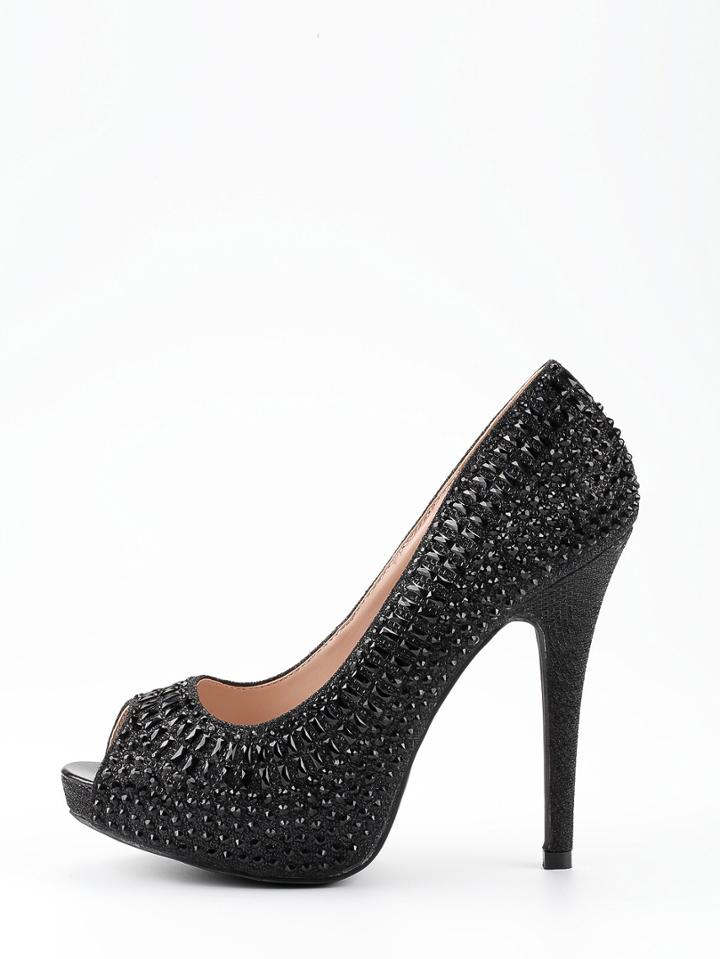 Romwe Black Sequin Peep Toe Platform Pumps